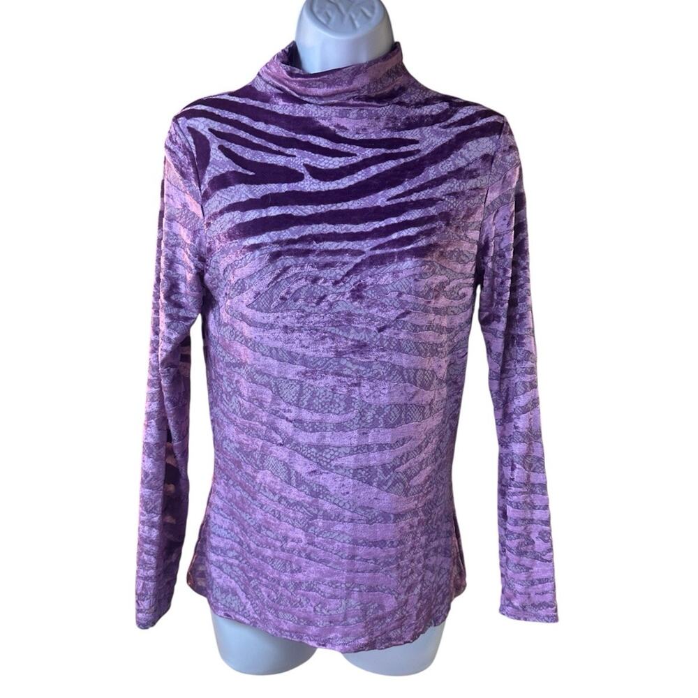 Cache Purple Velvet Burnout Mock Neck Top Stretch Y2K Glam READ